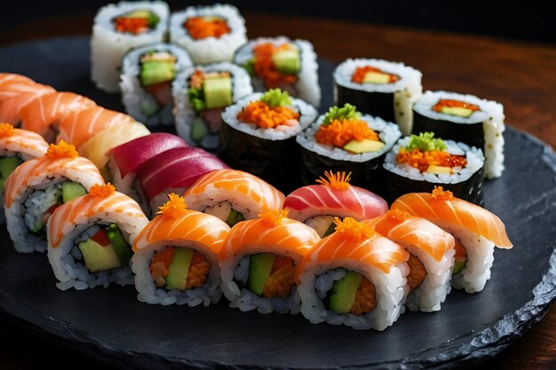 A spread of sushi and sashimi artfully presented on a slate with natural elements and garnishes