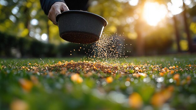 Photo spreading lawn fertilizer with hand spreader