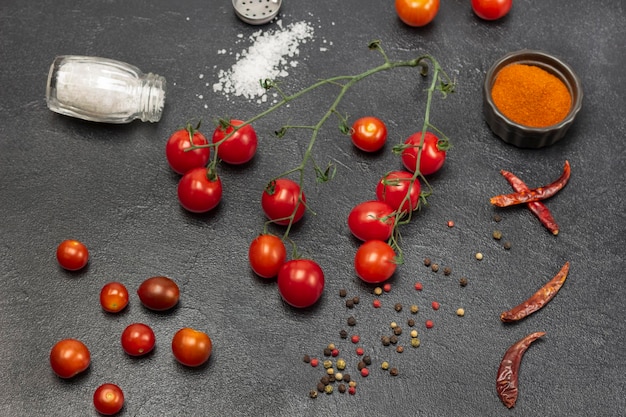 Sprig of cherry tomato Salt shaker allspice red pepper in bowl on table