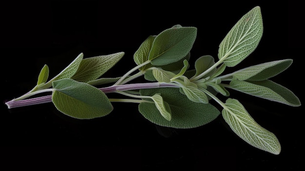 A sprig of sage with soft fuzzy green leaves and a purple stem isolated against a black background