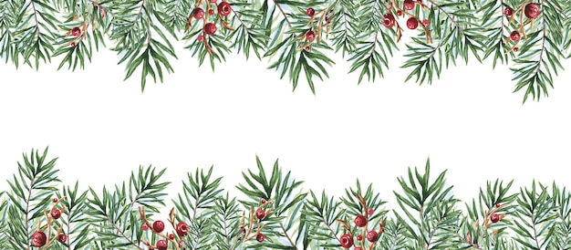 Sprigs of coniferous Christmas trees watercolor seamless border Hand drawn scandinavian for new year