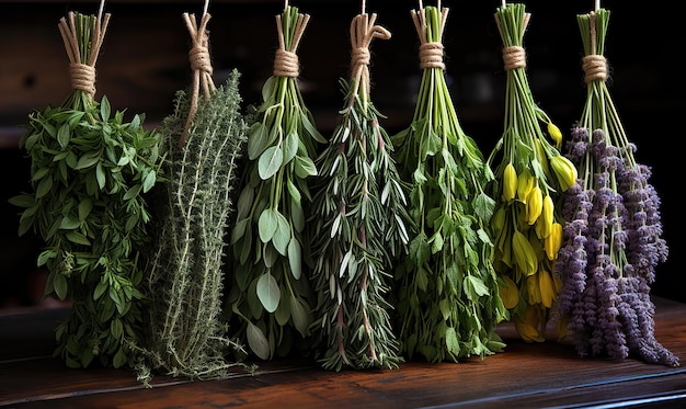 Sprigs of fresh herbs hanging from a rope on a wooden background