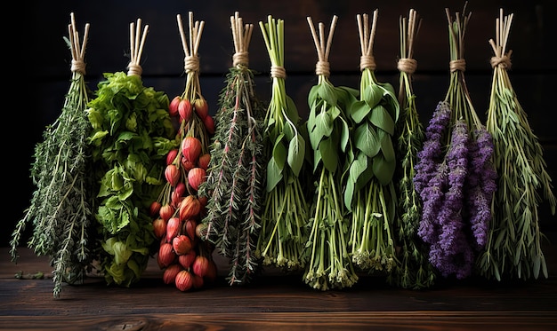 Sprigs of fresh herbs hanging from a rope on a wooden background