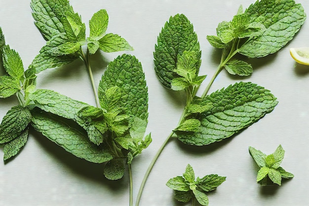 Sprigs of peppermint with fresh leaves and a slice of lemon on a white background closeup