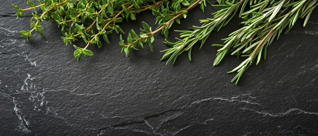 Sprigs of Rosemary and Thyme on a Black Slate Surface