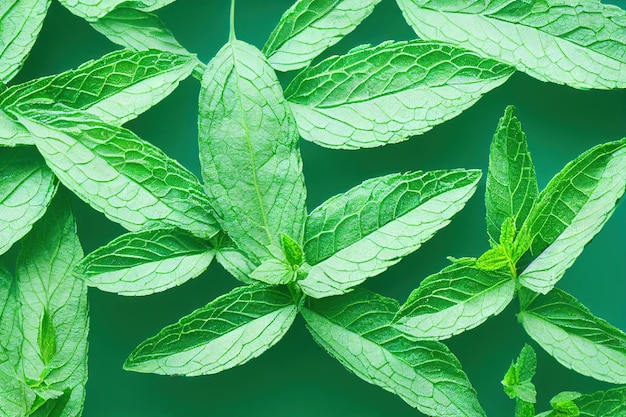 Sprigs with fresh veined peppermint leaves closeup on a green background