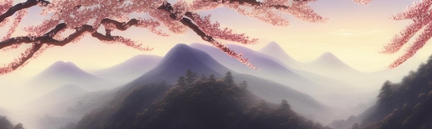 Spring background in cartoon style Pink and purple sakura cherry magnolia in bloom Asian horizontal landscape