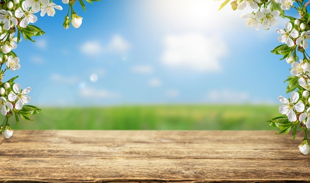 Spring background of empty wooden table top and cherry tree blossom Copy space