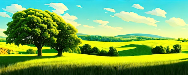 Spring background Green meadow trees Cartoon illustration of beautiful summer valley landscape with blue sky green