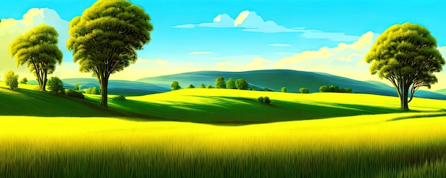 Spring background Green meadow trees Cartoon illustration of beautiful summer valley landscape with blue sky green