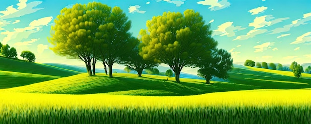 Spring background Green meadow trees Cartoon illustration of beautiful summer valley landscape with blue sky green