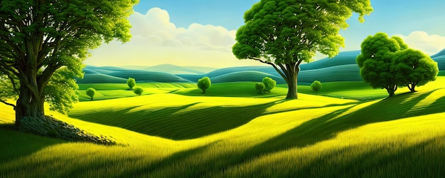 Spring background Green meadow trees Cartoon illustration of beautiful summer valley landscape with blue sky green