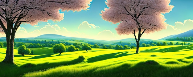 Spring background Green meadow trees Cartoon illustration of beautiful summer valley landscape with blue sky green