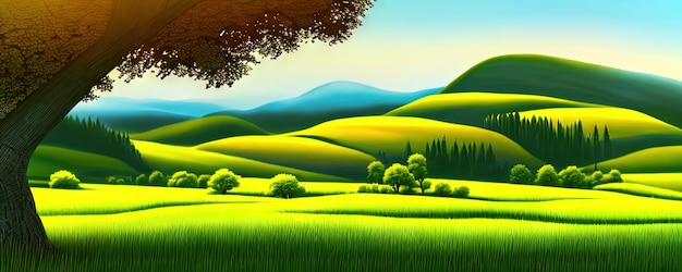 Spring background Green meadow trees Cartoon illustration of beautiful summer valley landscape with blue sky green