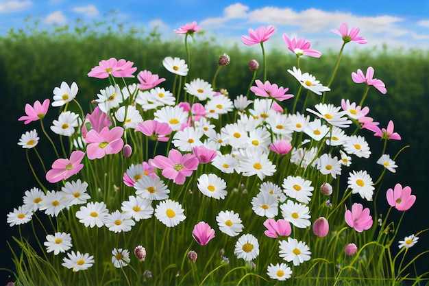 Spring background illustration of white and pink flowers in the meadow Generative AI