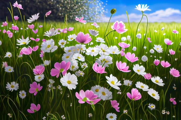 Spring background illustration of white and pink flowers in the meadow Generative AI