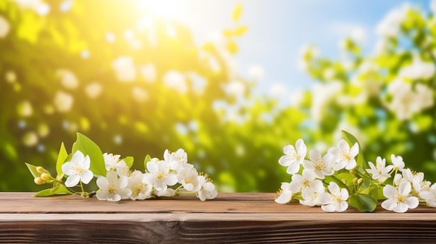 Spring background with copy space on wooden table and blooming flowers