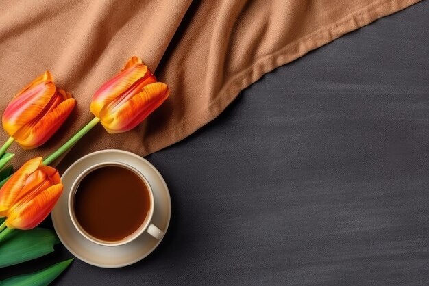 Spring background with flowers a cup of coffee Generative AI