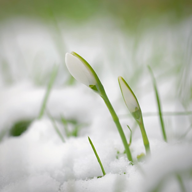 Spring background with flowers The first spring flowers snowdrops in the grass Amaryllidaceae Galanthus nivalis