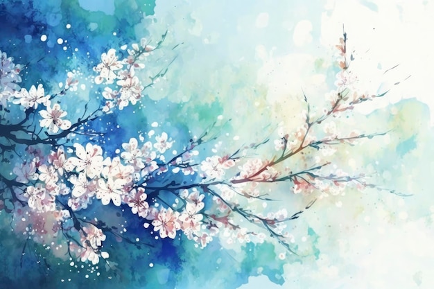 Spring background with the image of blue sky and cherry blossoms Watercolor illustration material