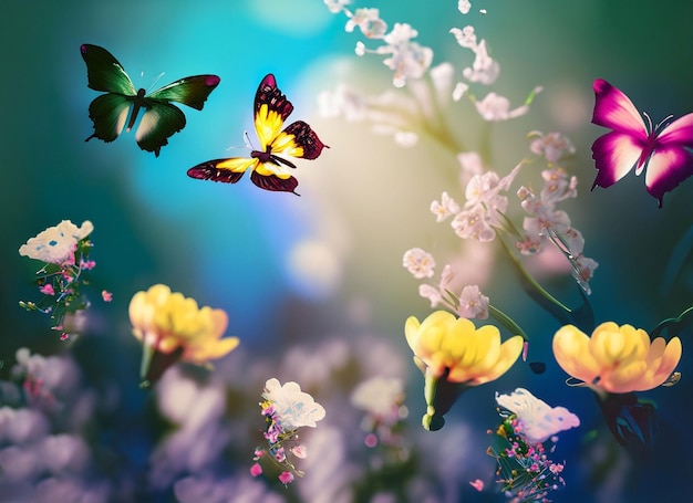 Spring background with light transparent flowers dandelion and flitting orange butterfly in pastel light tones macro with soft focus Delicate airy elegant artistic image of nature