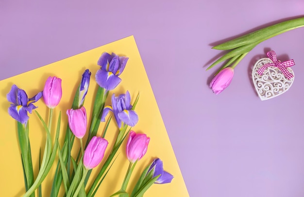 Spring background with tulips and irises for mothers day womens day or valentines day