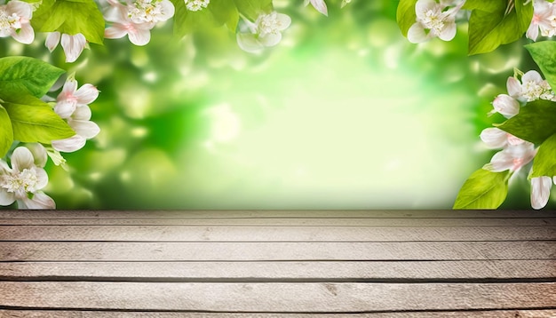 Spring background with vintage wooden table. green leaves and white flowers. AI Generated