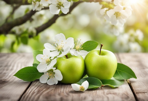 Spring background with white blossoms and white wooden table Spring apple garden on the background