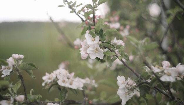 Spring background with white flowers and apple leaves Blur spring blossom background