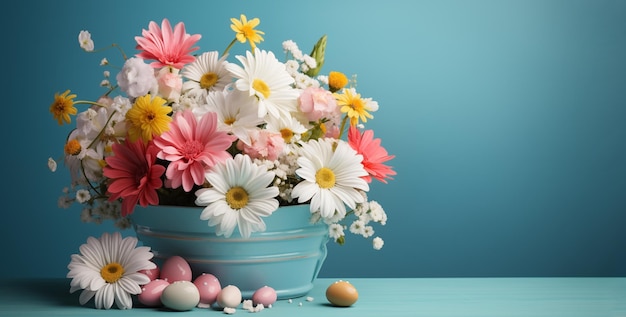 Spring beautiful flowers in a blue bucket surrounded by Easter eggs