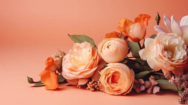 Spring in Bloom Pastel PeachHued Rose Bouquet on Orange Background for Social Media Banner Copy