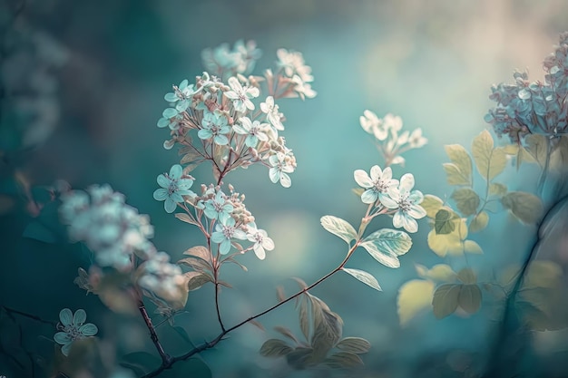 Spring blooming forest flowers in soft focus on light blue background