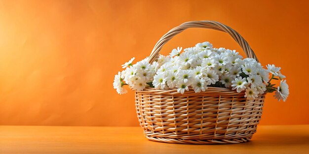 Spring Blooming Wicker Basket with White Flowers on Orange Background