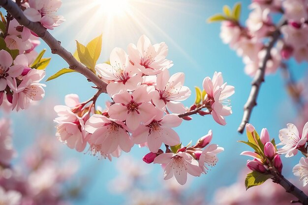 Spring blossom background Beautiful nature scene with blooming tree and sun flare Sunny day Spring flowers Beautiful Orchard Abstract blurred background Springtime