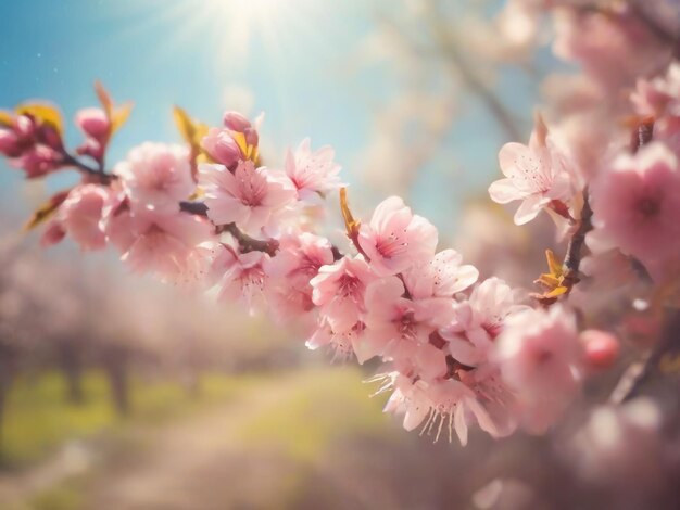 Spring blossom background Beautiful nature scene with blooming tree and sun flare Sunny day