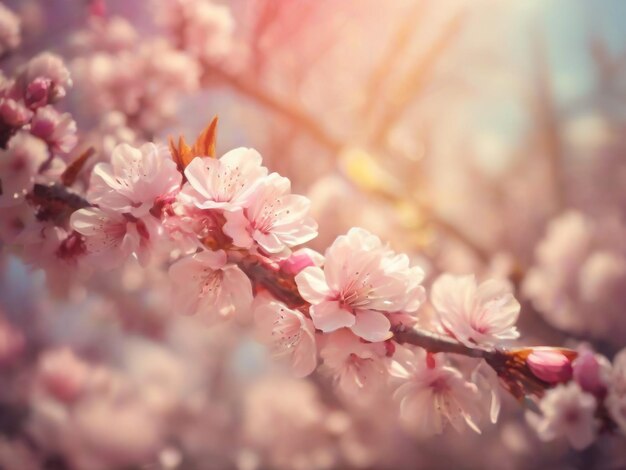 Spring blossom background Beautiful nature scene with blooming tree and sun flare Sunny day