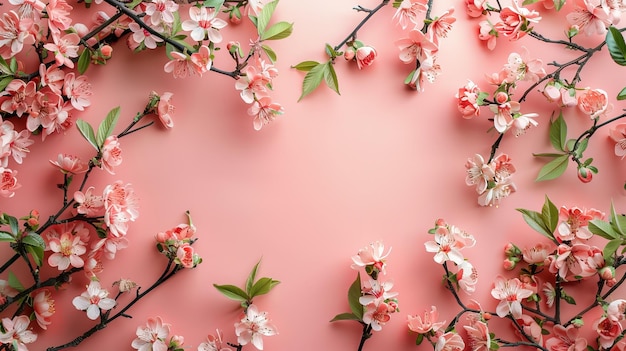 Spring blossom concept with flowering branches on a pink background Floral flat lay copy space