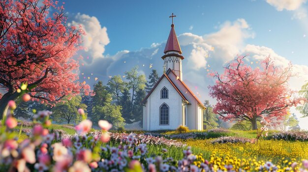 Spring Blossom Surrounding Rural Church Painting