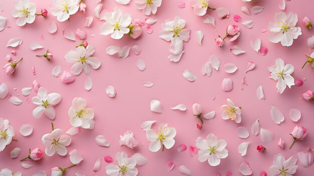 Photo spring blossoms scattered across a pastel pink surface arranged in a spontaneous flat lay style desi