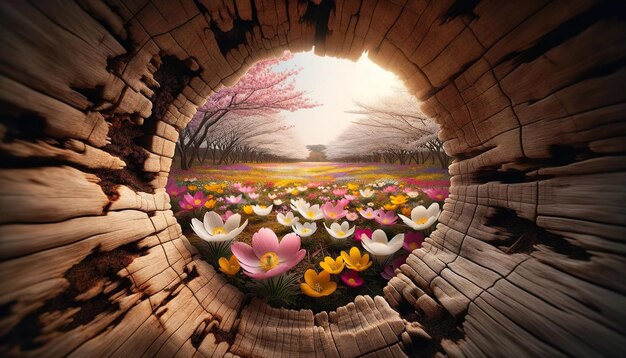 Photo spring blossoms viewed through hollow log