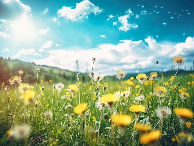 Spring blurred background green grass and sky