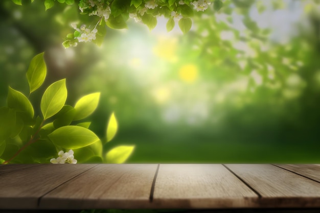 Spring Bokeh Background with Woden table Ai generative