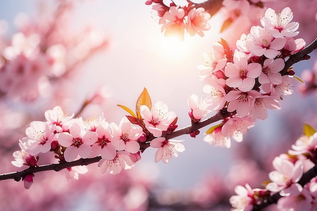 Spring border or background art with pink blossom Beautiful nature scene with blooming tree and sun flare Easter Sunny day Spring flowers Beautiful Orchard Abstract blurred background Springtime