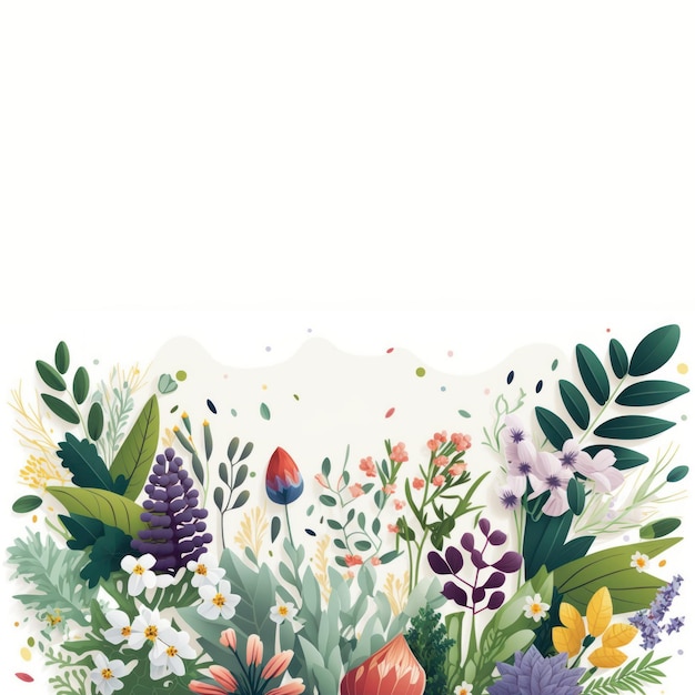 Spring botanical flat illustration white background Banner or floral backdrop decorated multicolored blooming flowers and leaves border