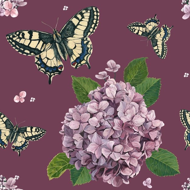 Spring botanical pattern. Delicate light flowers of hydrangea and butterflies. 