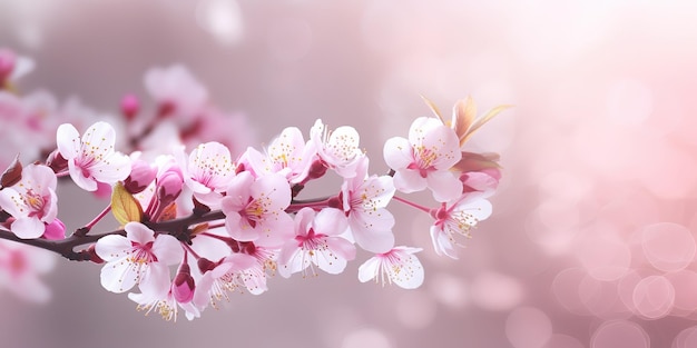 spring branch of blossoming cherry over blurred background with copy space