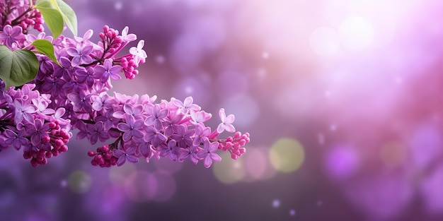 spring branch of blossoming lilac over blurred background banner with copy space