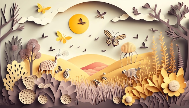 Spring Butterfly Flying over a Meadow Background in papercut style Generative AI