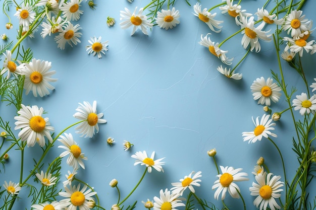 Spring camomile frame on blue background with copy space Easter or springtime banner AI Generated