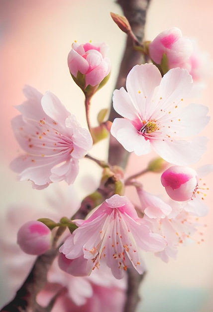 Spring cherry blossom against pastel pink and white background Shallow depth of field dreamy effect